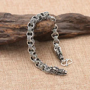 Real Solid 925 Sterling Silver Bracelet Link Chain Dragon Animals Stripe Loop Jewelry 7.5"- 9"