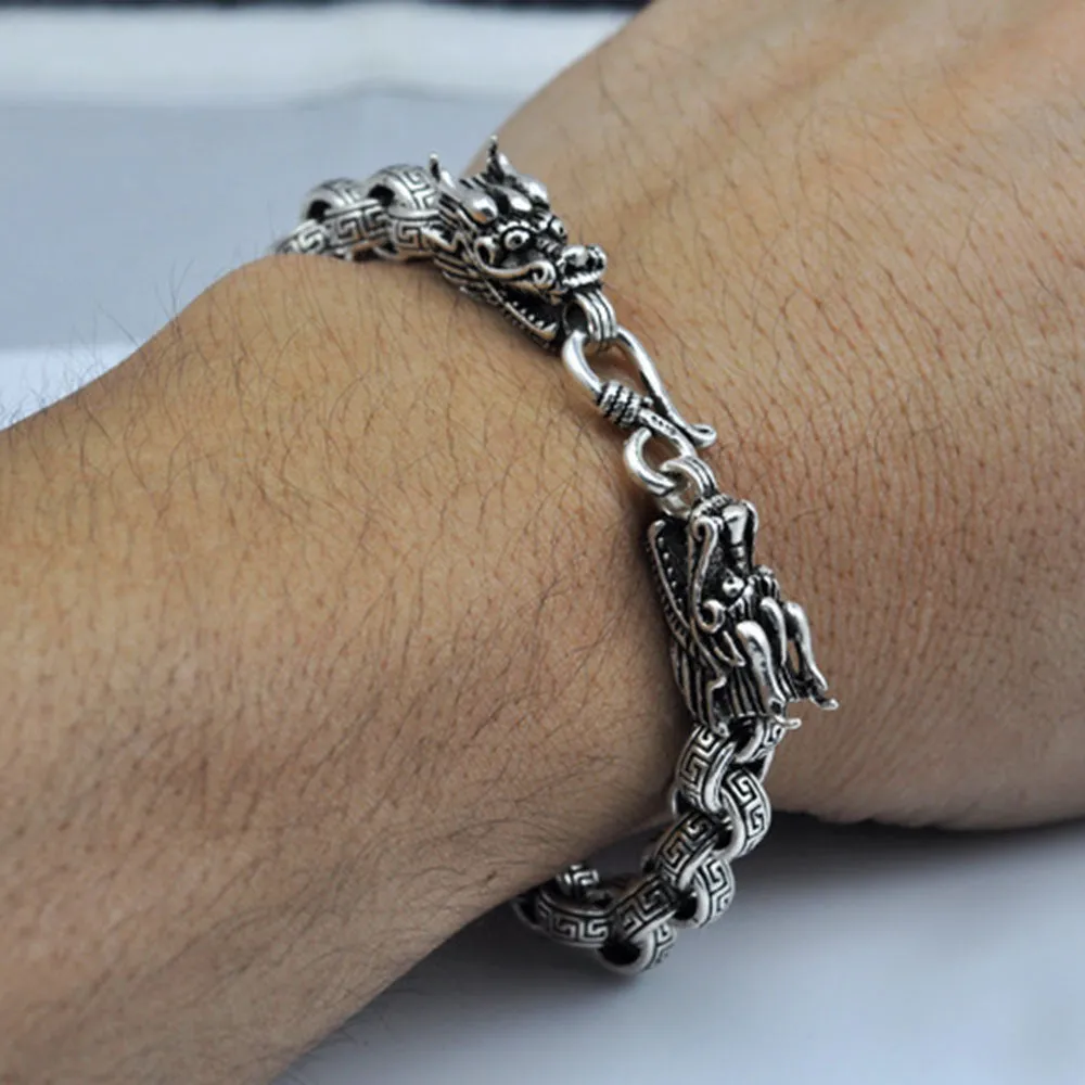 Real Solid 925 Sterling Silver Bracelet Link Chain Dragon Animals Stripe Loop Jewelry 7.5"- 9"