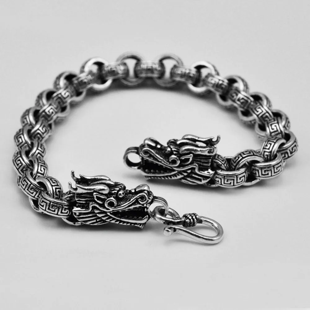 Real Solid 925 Sterling Silver Bracelet Link Chain Dragon Animals Stripe Loop Jewelry 7.5"- 9"