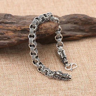 Real Solid 925 Sterling Silver Bracelet Link Chain Dragon Animals Stripe Loop Jewelry 7.5"- 9"