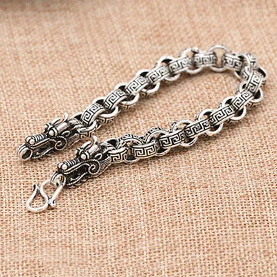 Real Solid 925 Sterling Silver Bracelet Link Chain Dragon Animals Stripe Loop Jewelry 7.5"- 9"