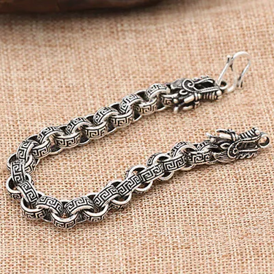 Real Solid 925 Sterling Silver Bracelet Link Chain Dragon Animals Stripe Loop Jewelry 7.5"- 9"