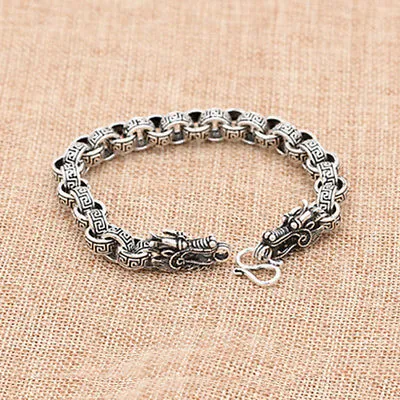 Real Solid 925 Sterling Silver Bracelet Link Chain Dragon Animals Stripe Loop Jewelry 7.5"- 9"