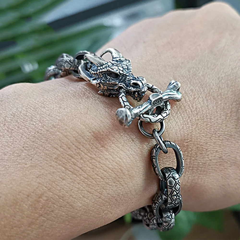 Real Solid 925 Sterling Silver Bracelets Animals Dragon Head Oval Loop OT-Buckle Punk Jewelry 8.5"