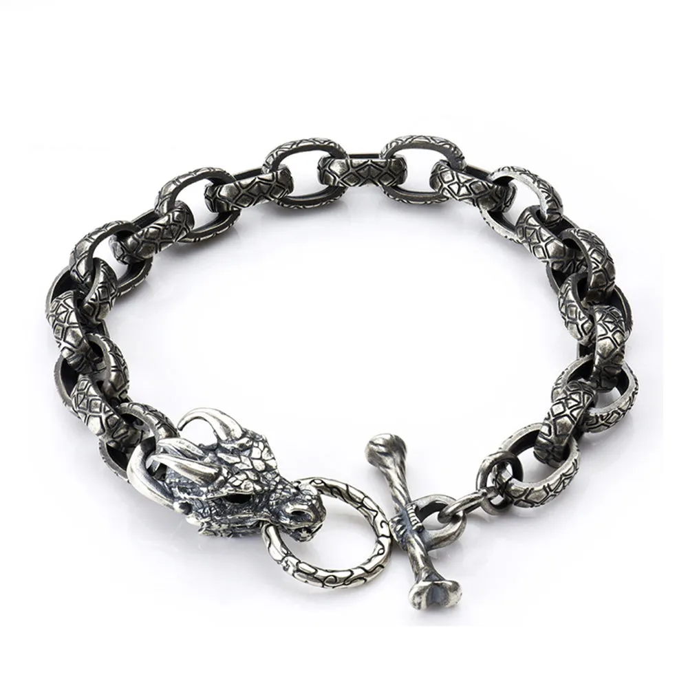 Real Solid 925 Sterling Silver Bracelets Animals Dragon Head Oval Loop OT-Buckle Punk Jewelry 8.5"