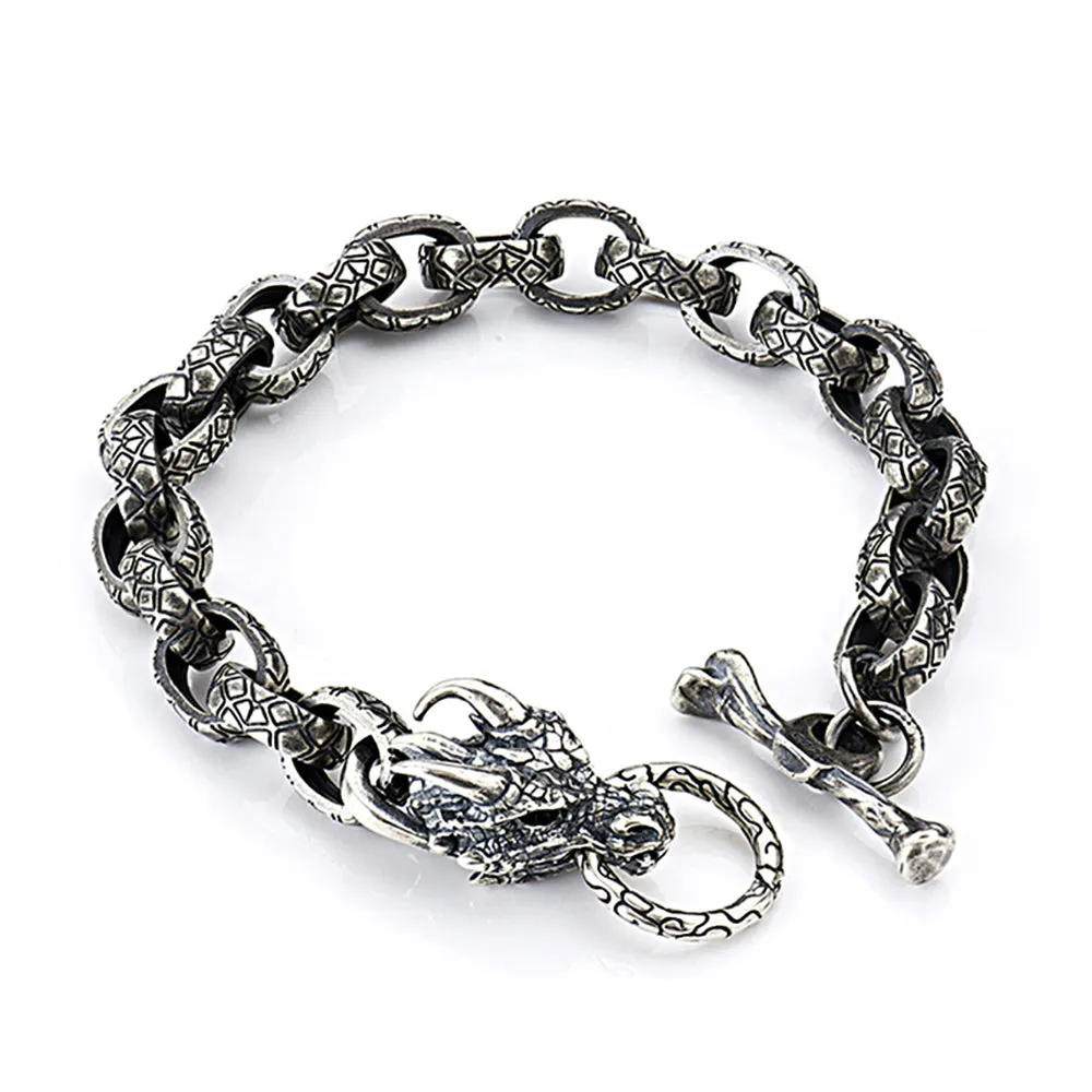 Real Solid 925 Sterling Silver Bracelets Animals Dragon Head Oval Loop OT-Buckle Punk Jewelry 8.5"