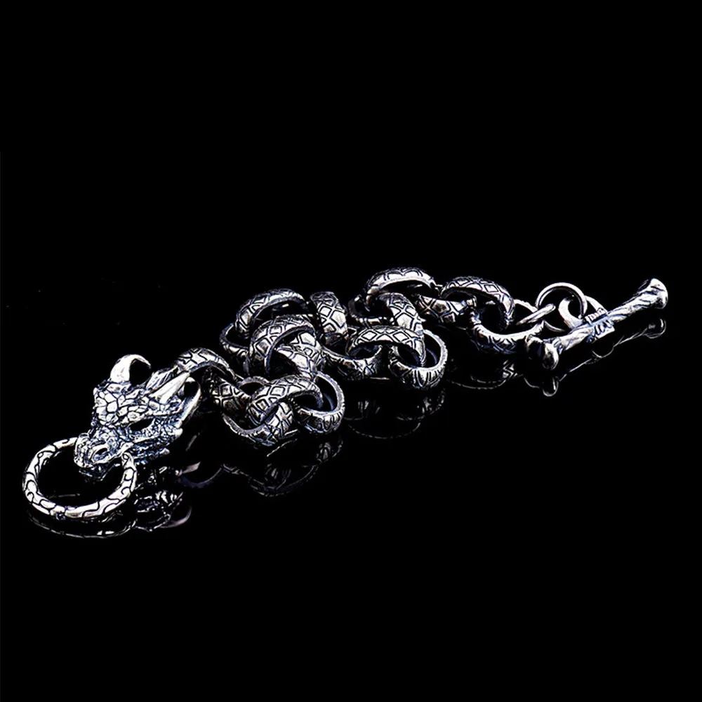 Real Solid 925 Sterling Silver Bracelets Animals Dragon Head Oval Loop OT-Buckle Punk Jewelry 8.5"
