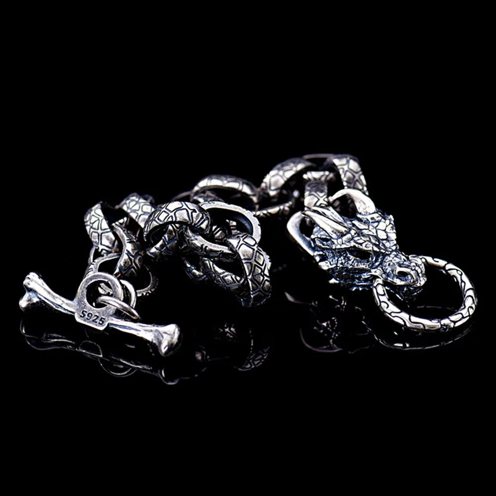 Real Solid 925 Sterling Silver Bracelets Animals Dragon Head Oval Loop OT-Buckle Punk Jewelry 8.5"