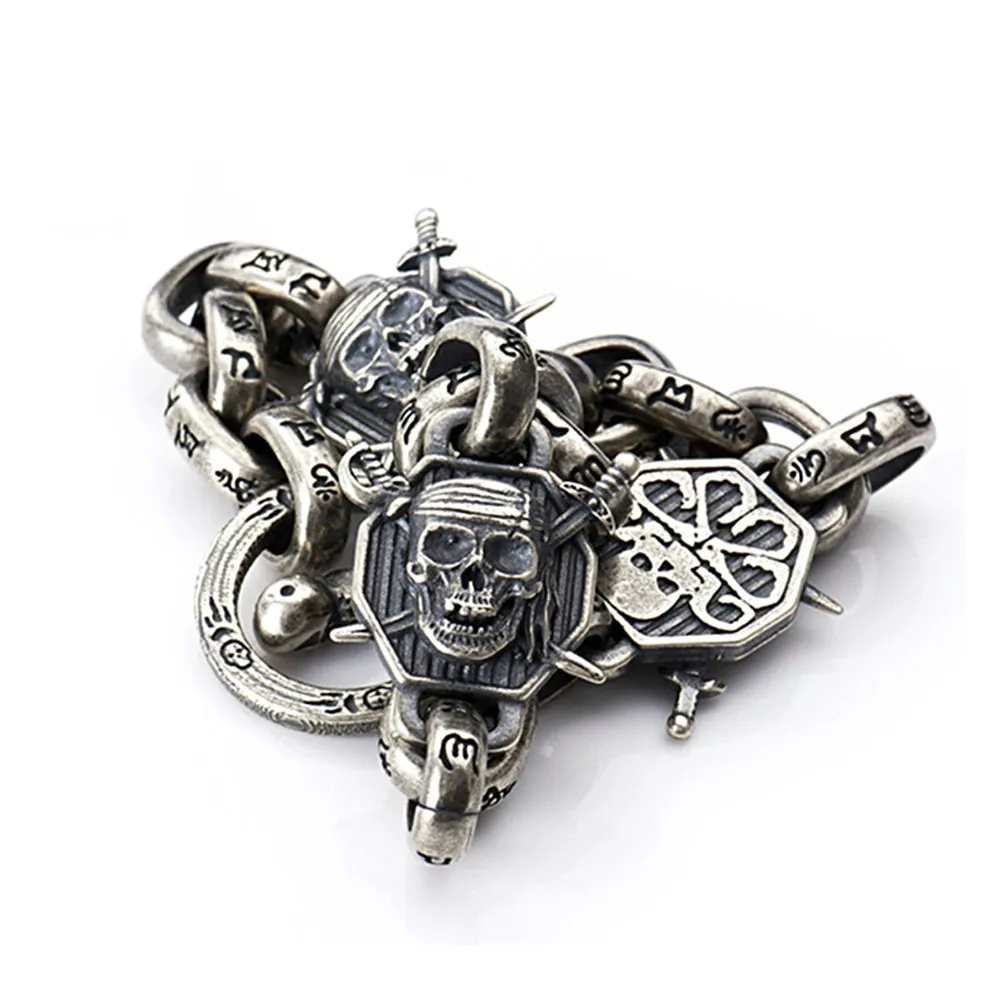 Real Solid 925 Sterling Silver Bracelets Skeletons Skulls Om Mani Padme Hum Punk Jewelry 8.1"