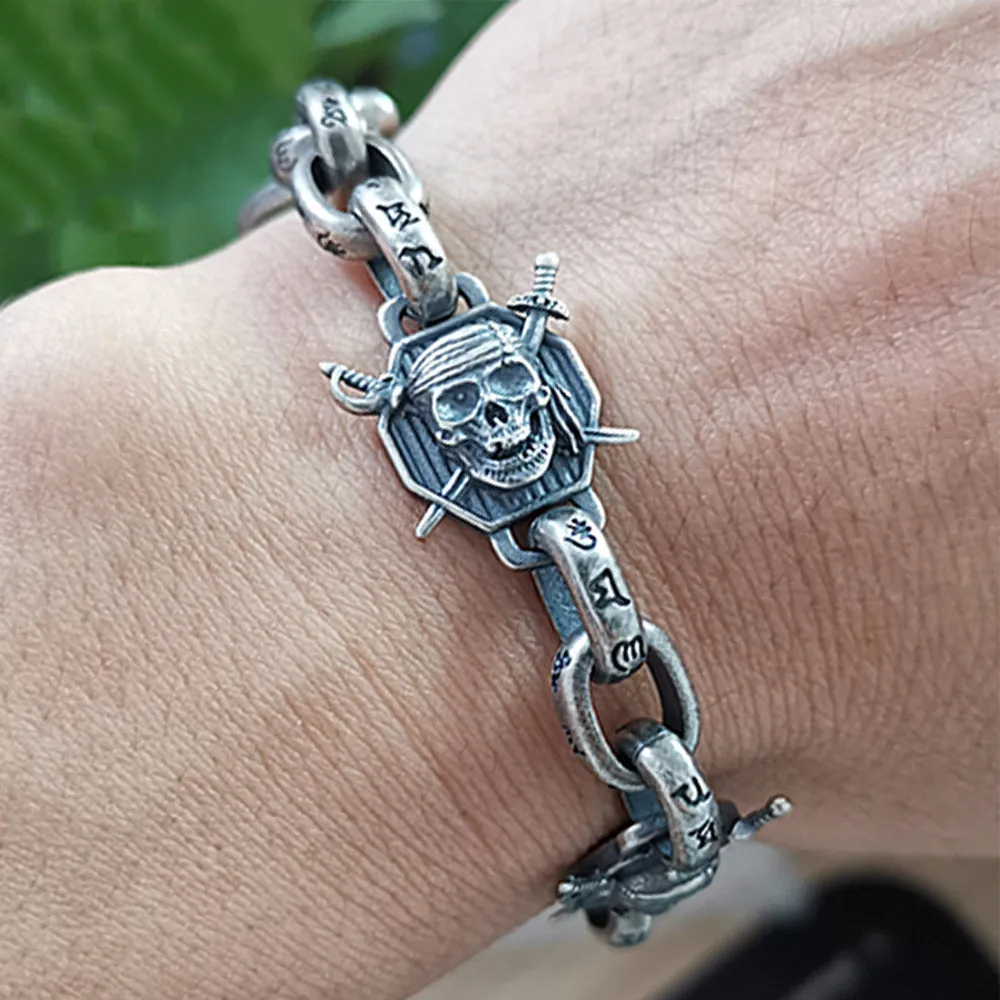 Real Solid 925 Sterling Silver Bracelets Skeletons Skulls Om Mani Padme Hum Punk Jewelry 8.1"
