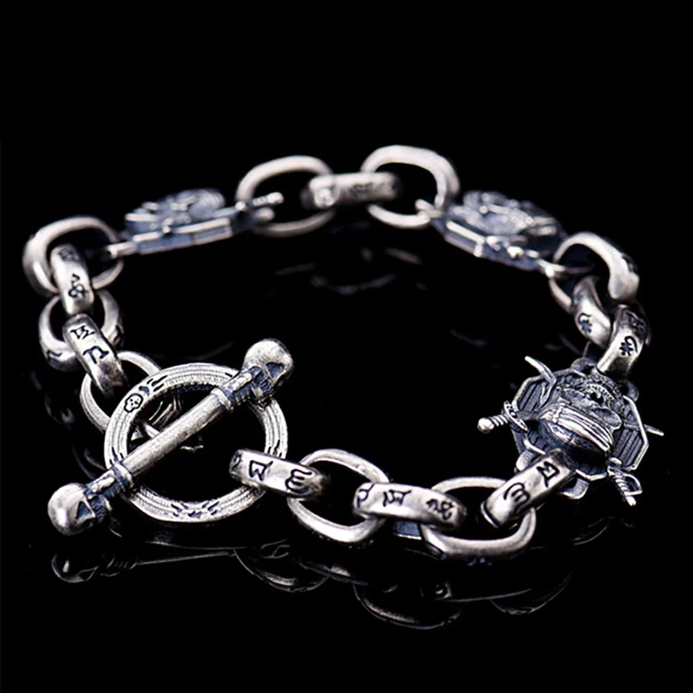 Real Solid 925 Sterling Silver Bracelets Skeletons Skulls Om Mani Padme Hum Punk Jewelry 8.1"