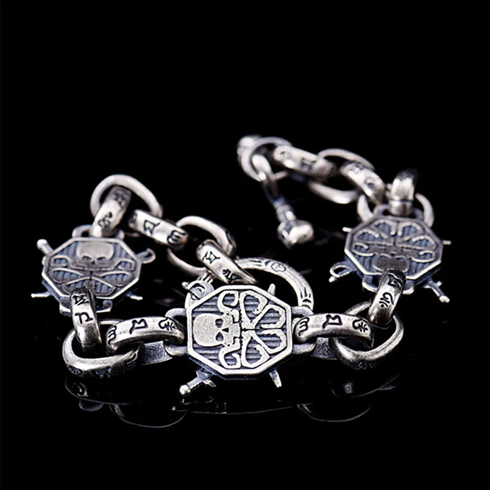 Real Solid 925 Sterling Silver Bracelets Skeletons Skulls Om Mani Padme Hum Punk Jewelry 8.1"