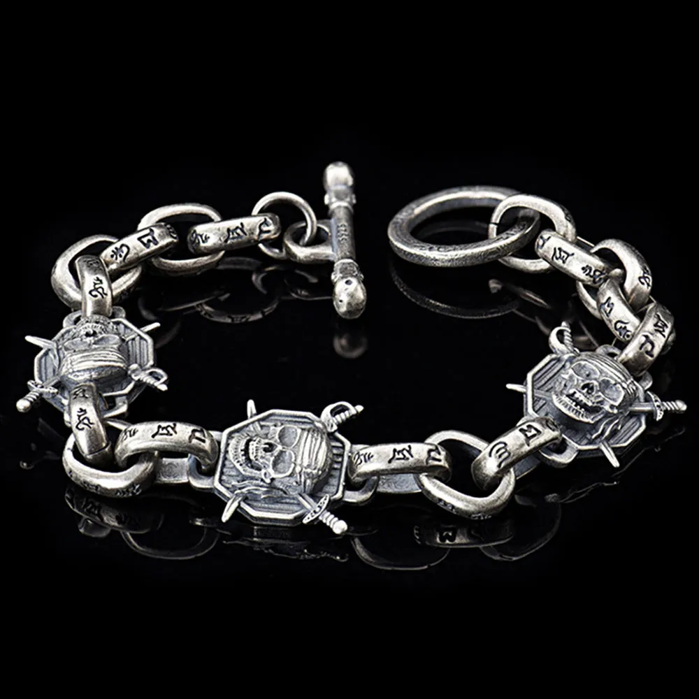 Real Solid 925 Sterling Silver Bracelets Skeletons Skulls Om Mani Padme Hum Punk Jewelry 8.1"
