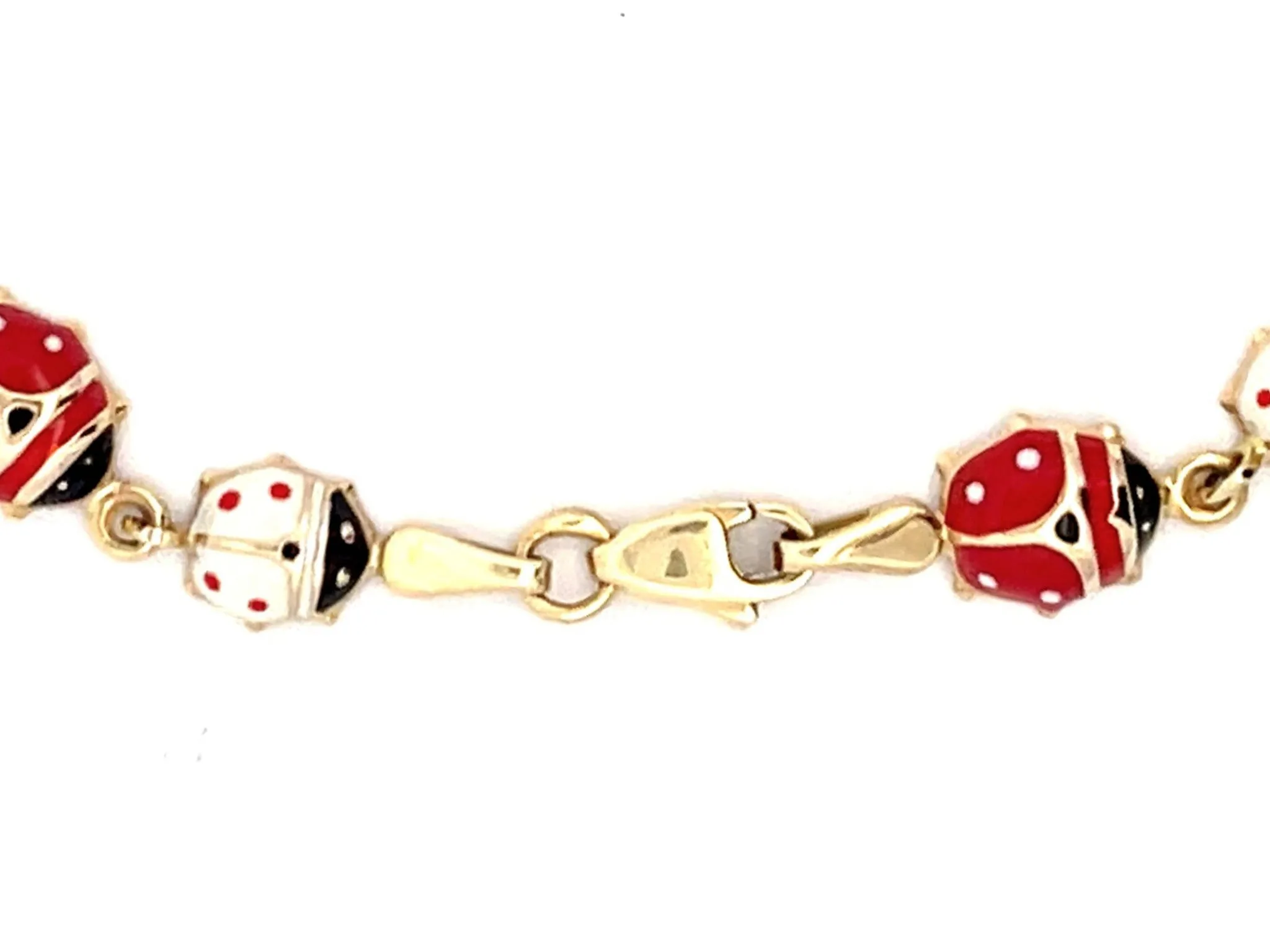 Red and White Enamel Ladybug Bracelet in 14k Yellow Gold