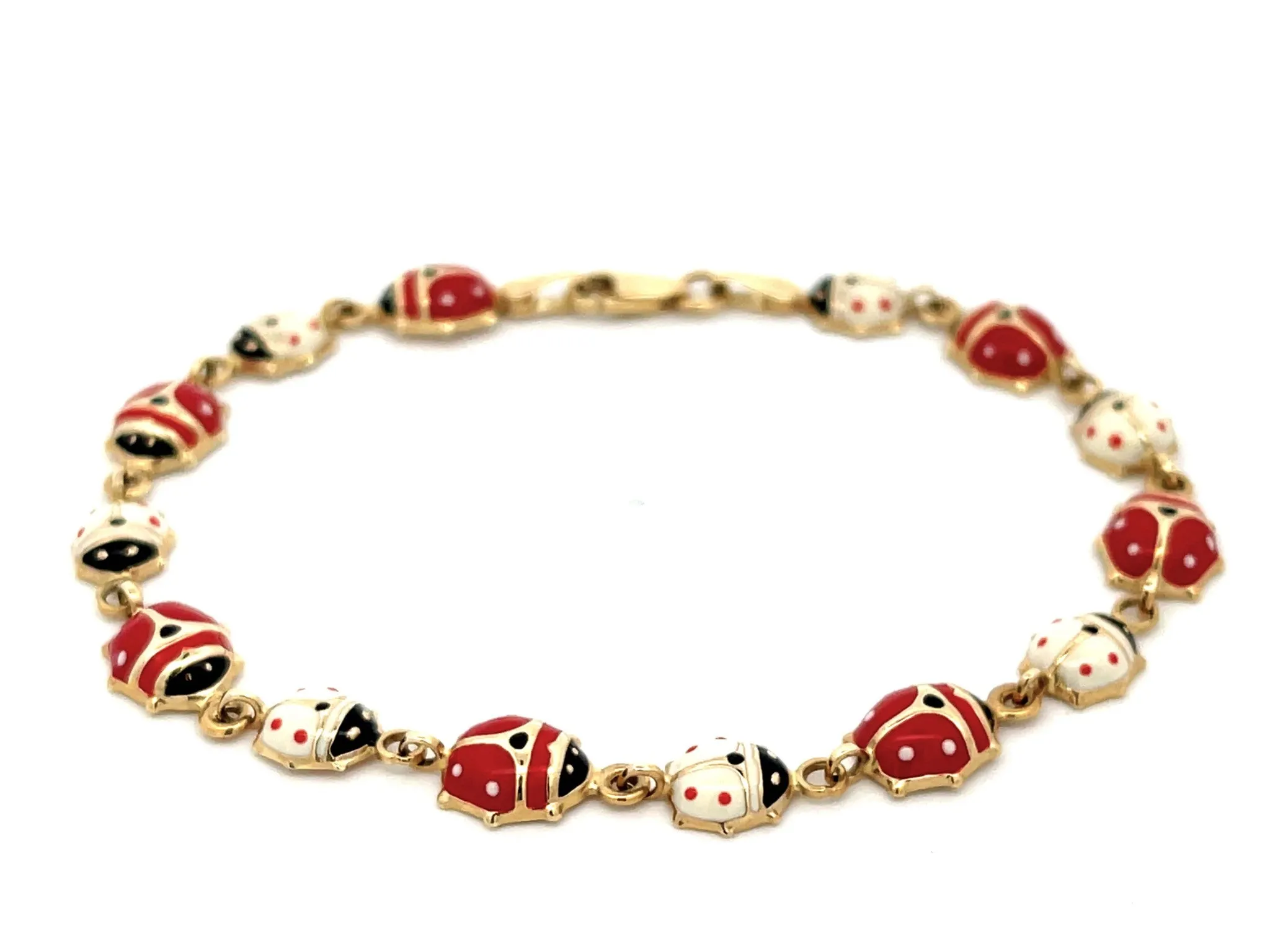Red and White Enamel Ladybug Bracelet in 14k Yellow Gold