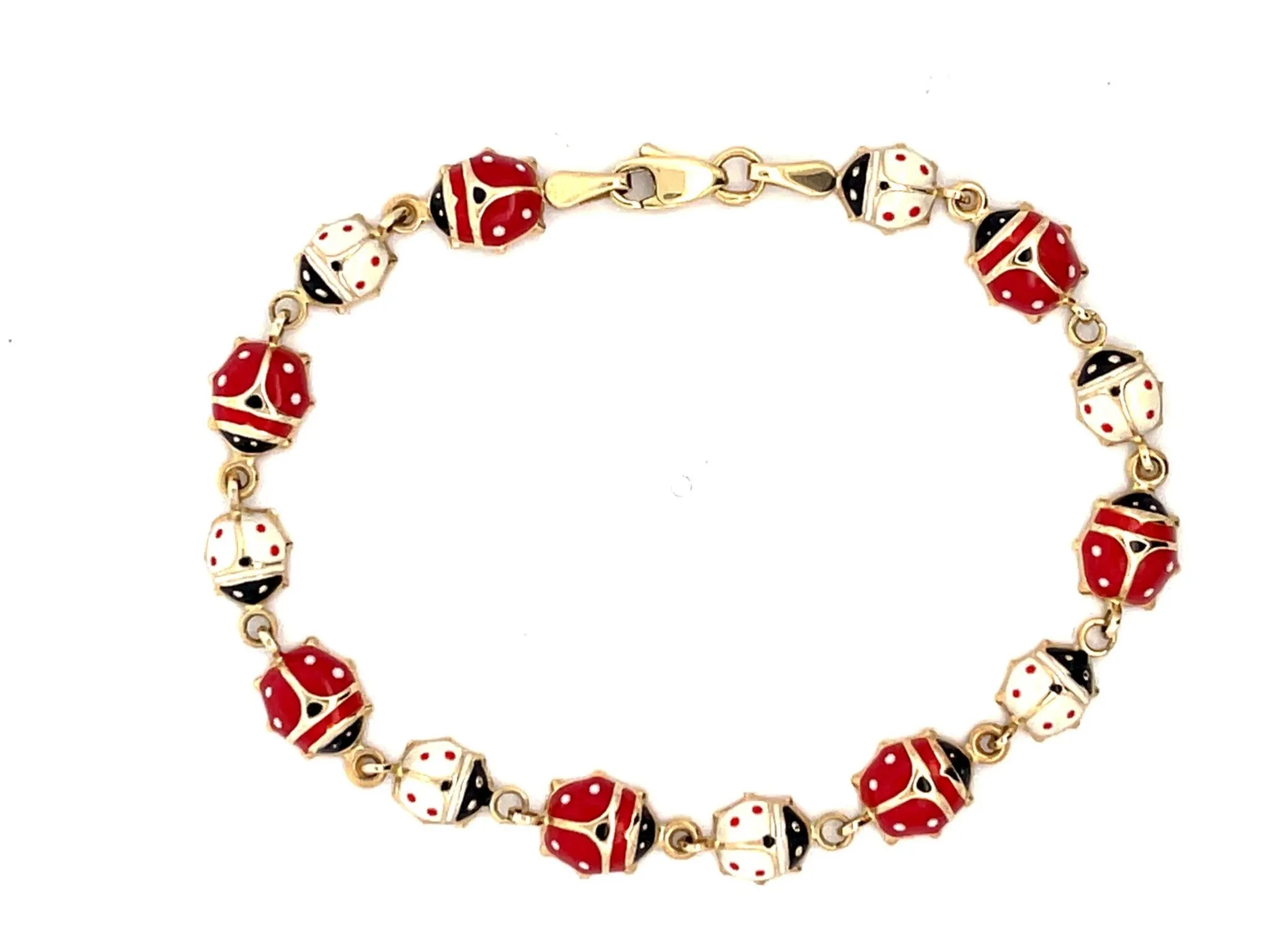 Red and White Enamel Ladybug Bracelet in 14k Yellow Gold