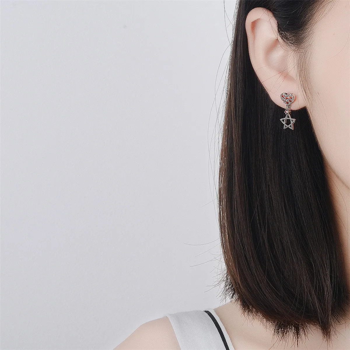 Red Cubic Zirconia & Silver-Plated Star 'Love' Drop Earrings