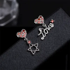 Red Cubic Zirconia & Silver-Plated Star 'Love' Drop Earrings