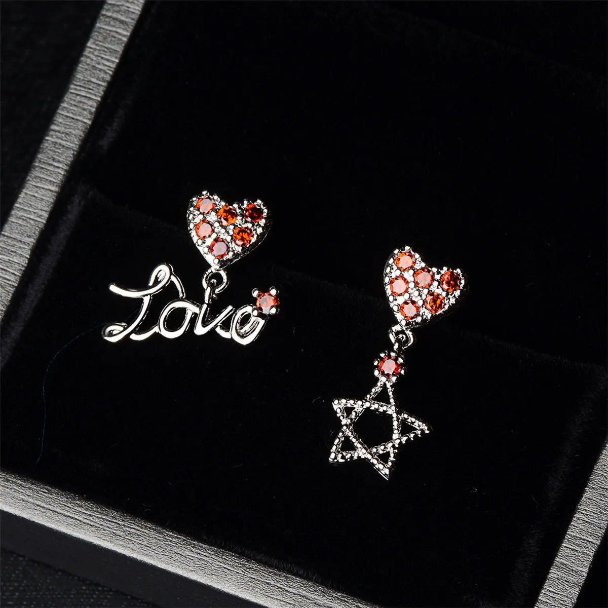 Red Cubic Zirconia & Silver-Plated Star 'Love' Drop Earrings