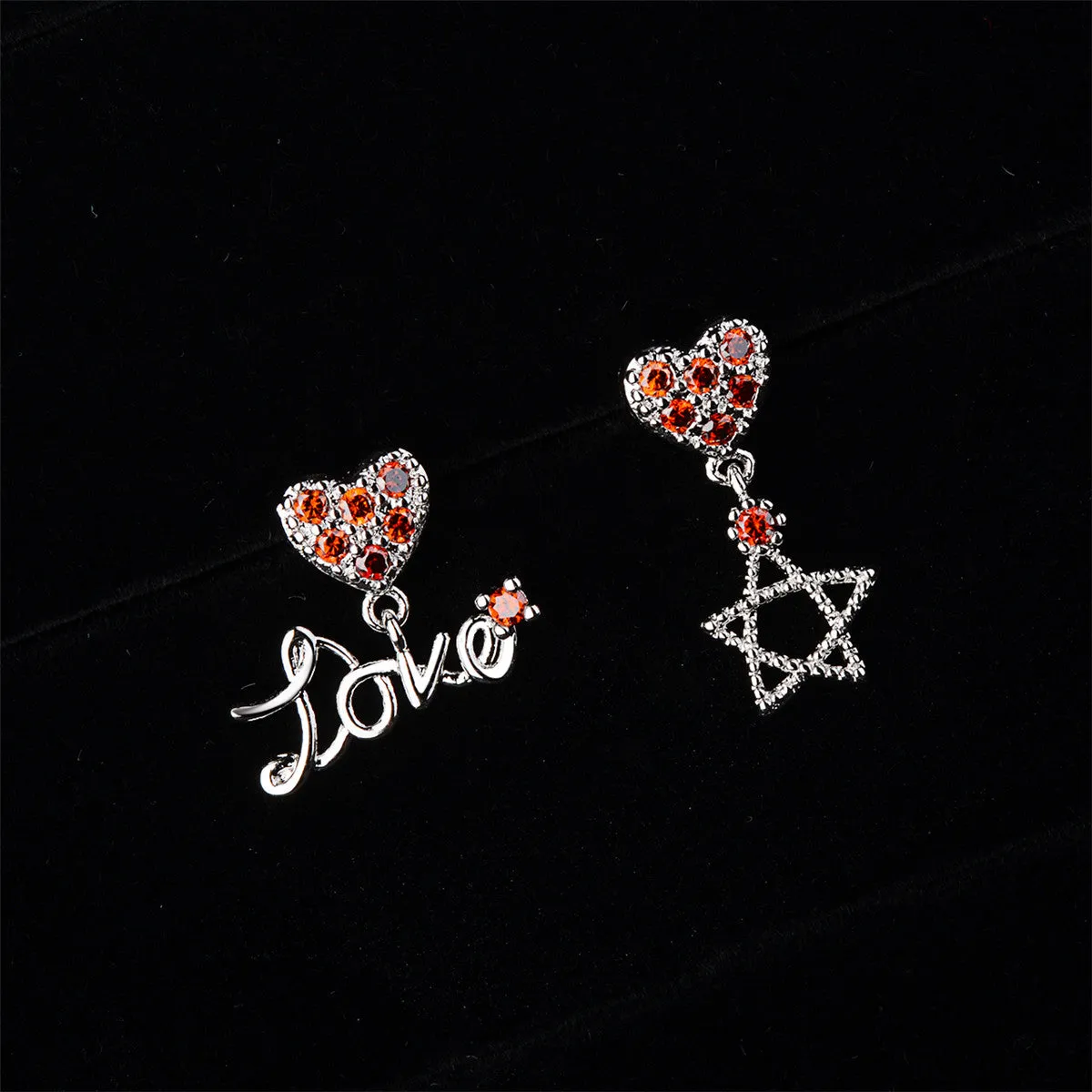 Red Cubic Zirconia & Silver-Plated Star 'Love' Drop Earrings