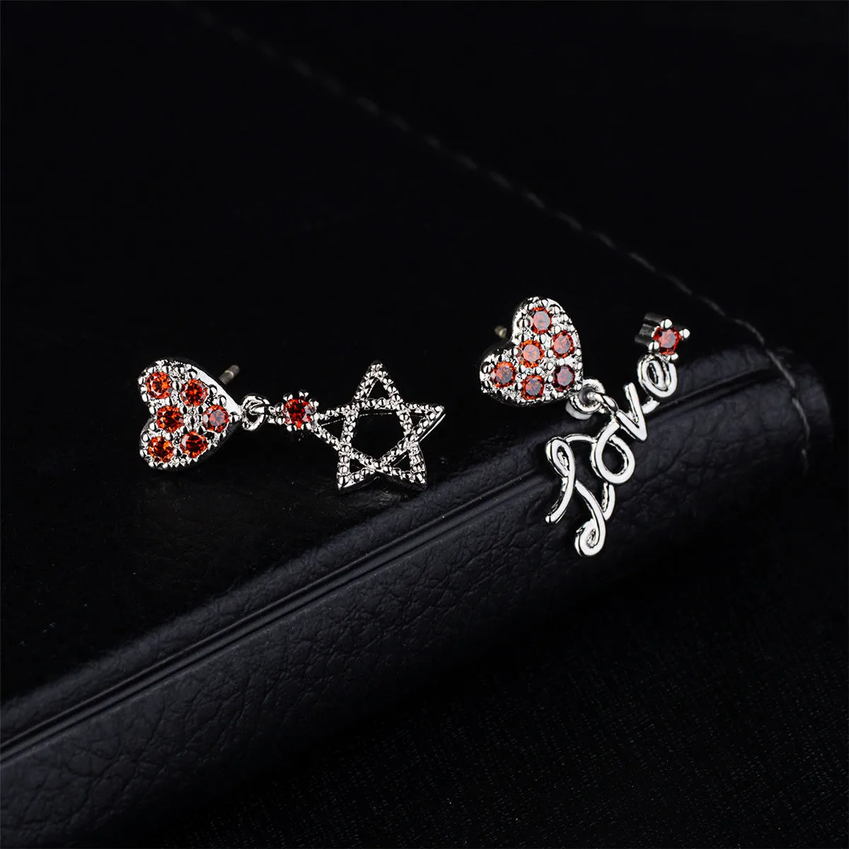 Red Cubic Zirconia & Silver-Plated Star 'Love' Drop Earrings