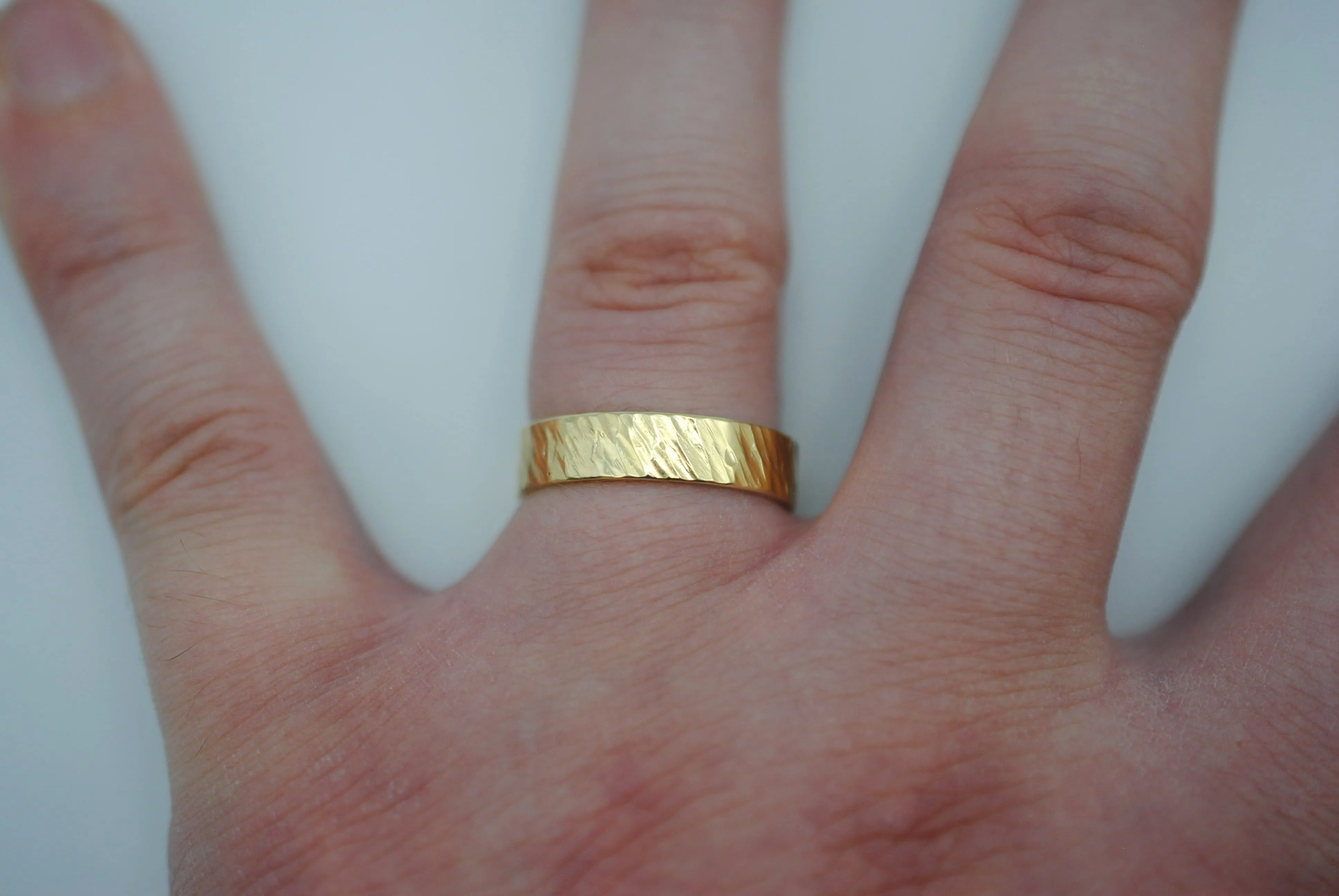 Ring Band: Bark Texture, Yellow Gold Finish, 5mm Wide