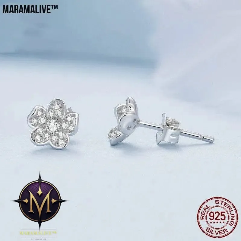 S925 Sterling Silver Flower Zircon Inlaid Stud Earrings