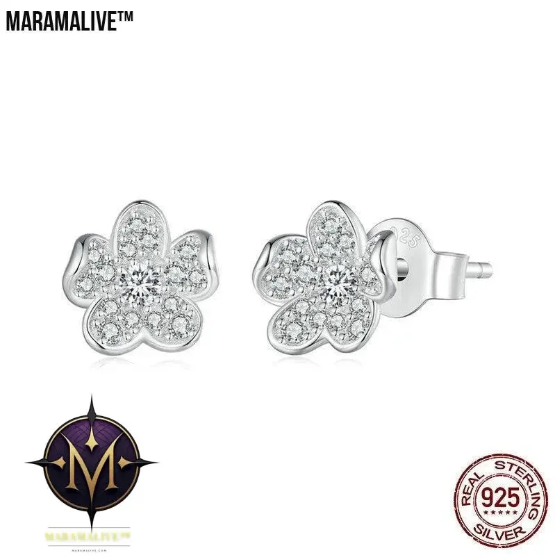 S925 Sterling Silver Flower Zircon Inlaid Stud Earrings