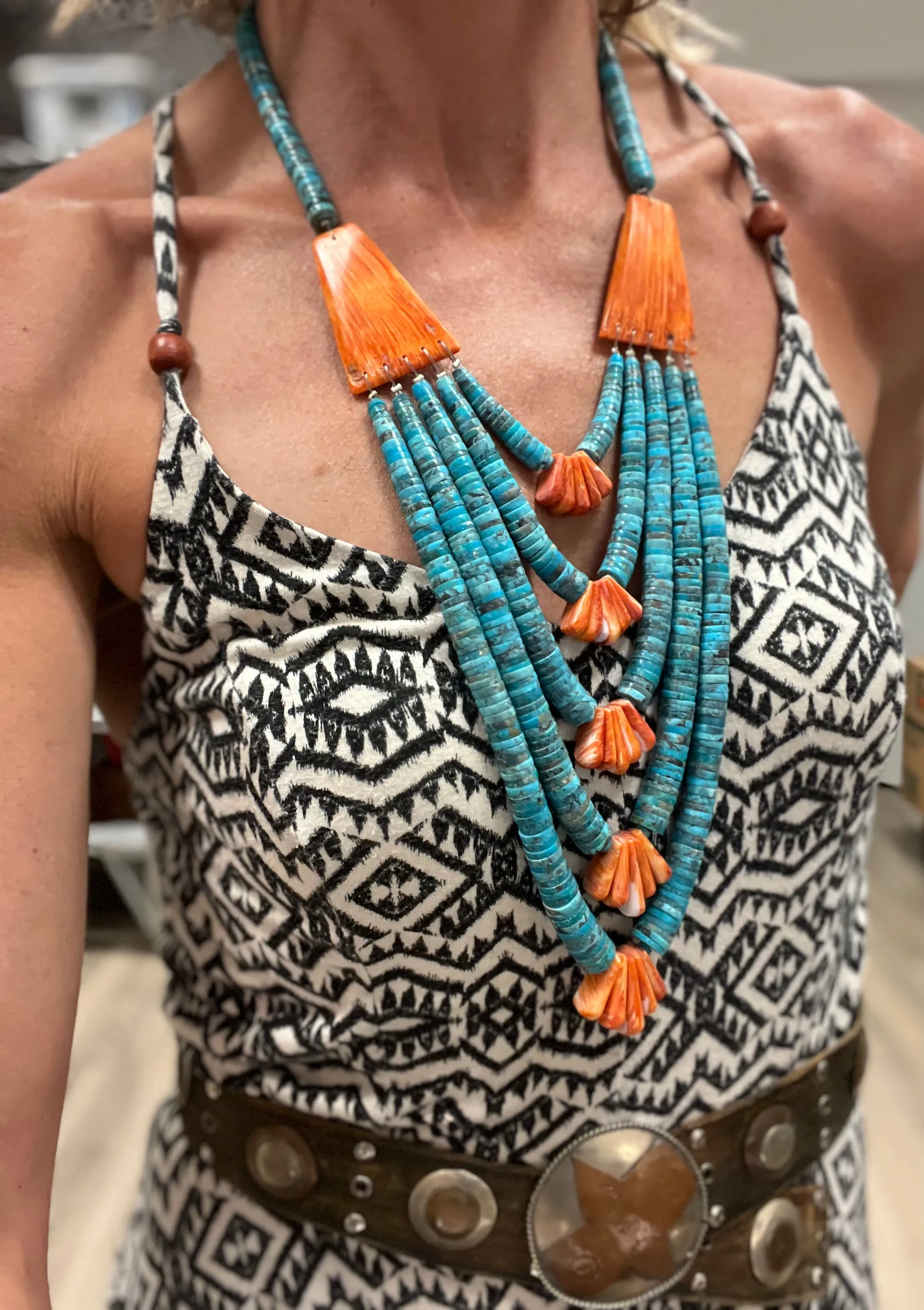 Santo Domingo 5 Strand Turquoise & Spiny Oyster Heishi Statement Necklace