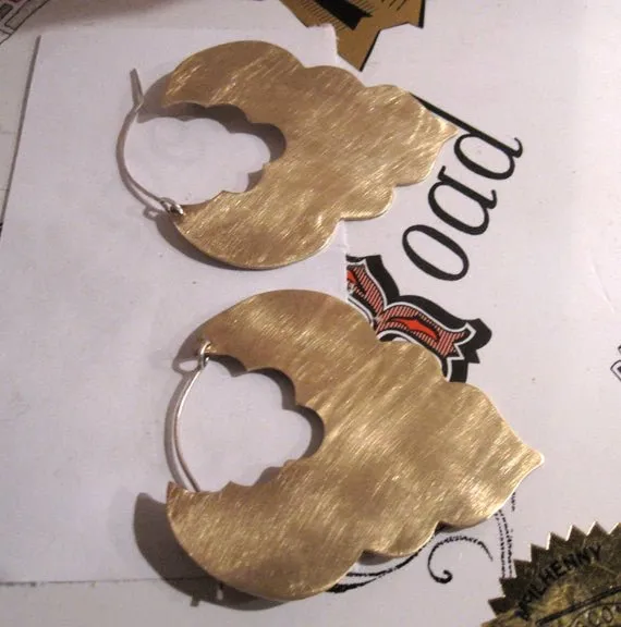 Scallop Earrings: Handmade Gold Brass Statement Hoops 0096