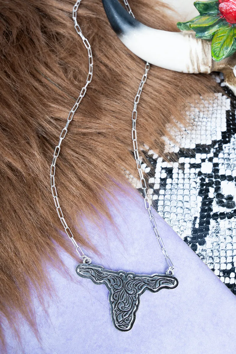 Scroll Work Steer Skull Silvertone Necklace