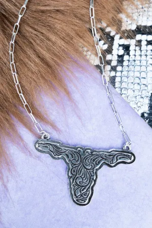 Scroll Work Steer Skull Silvertone Necklace