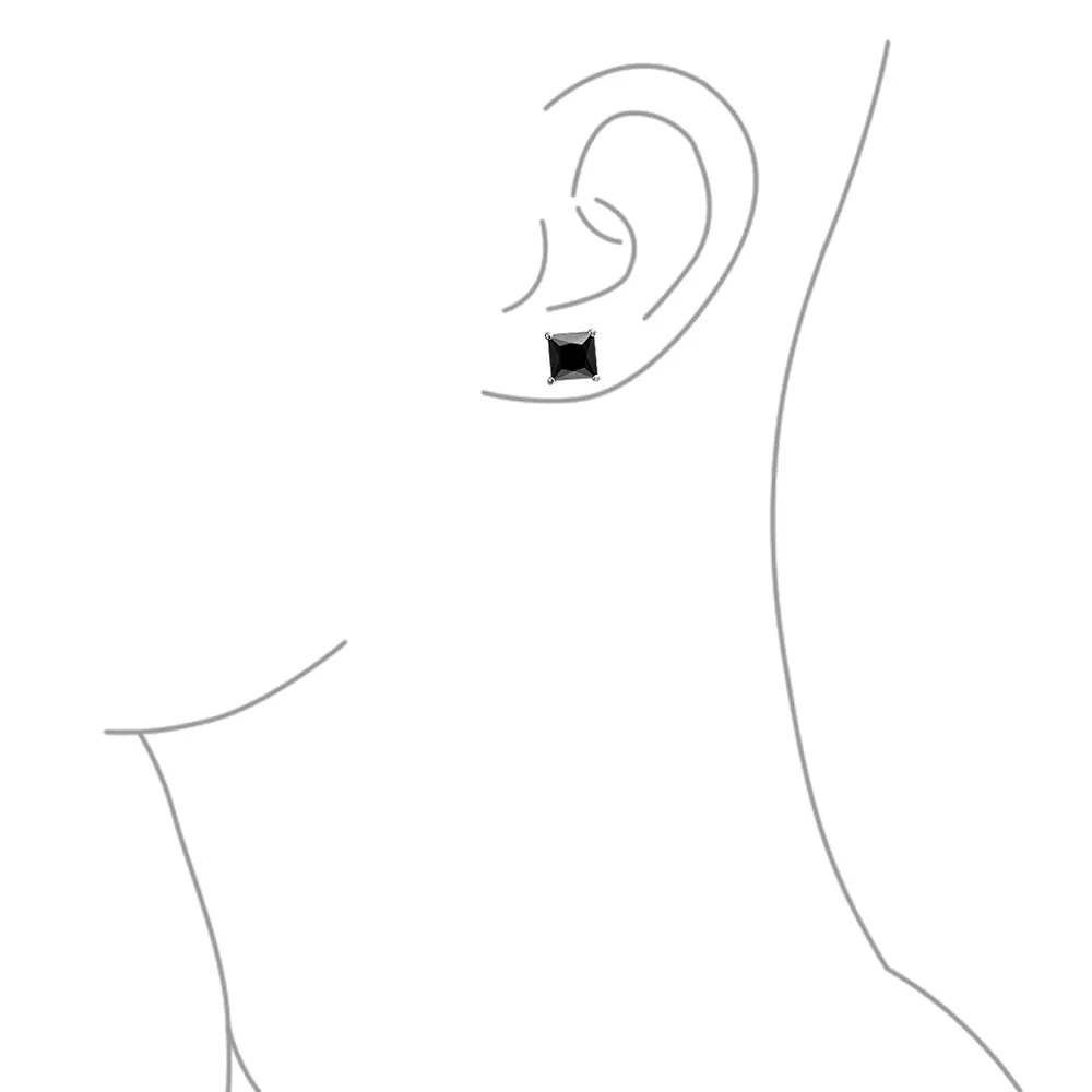 Set of 2 Black Square Princess Cut CZ Stud Earrings Gold Plated Sterling Silver