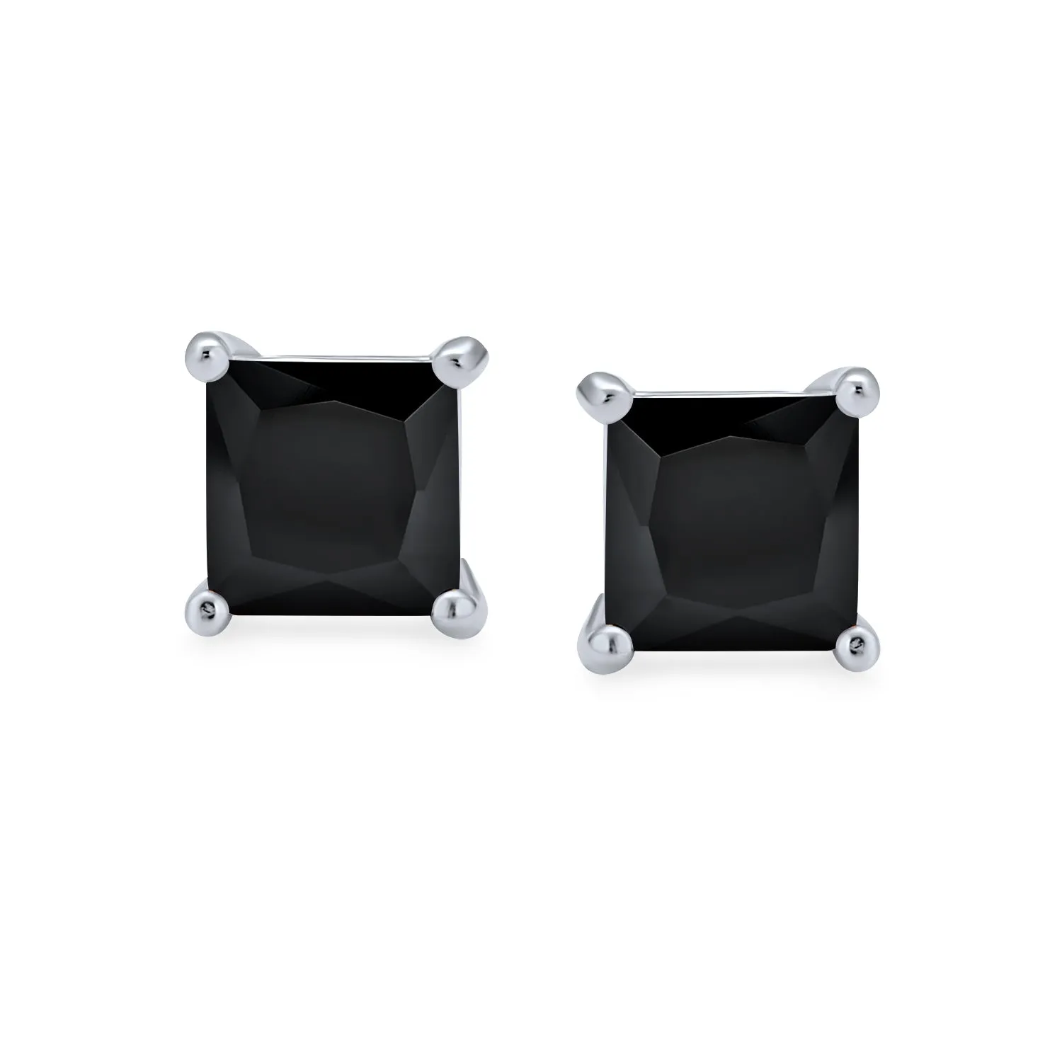 Set of 2 Black Square Princess Cut CZ Stud Earrings Gold Plated Sterling Silver