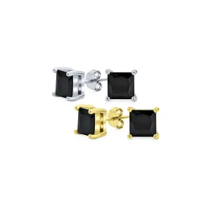 Set of 2 Black Square Princess Cut CZ Stud Earrings Gold Plated Sterling Silver