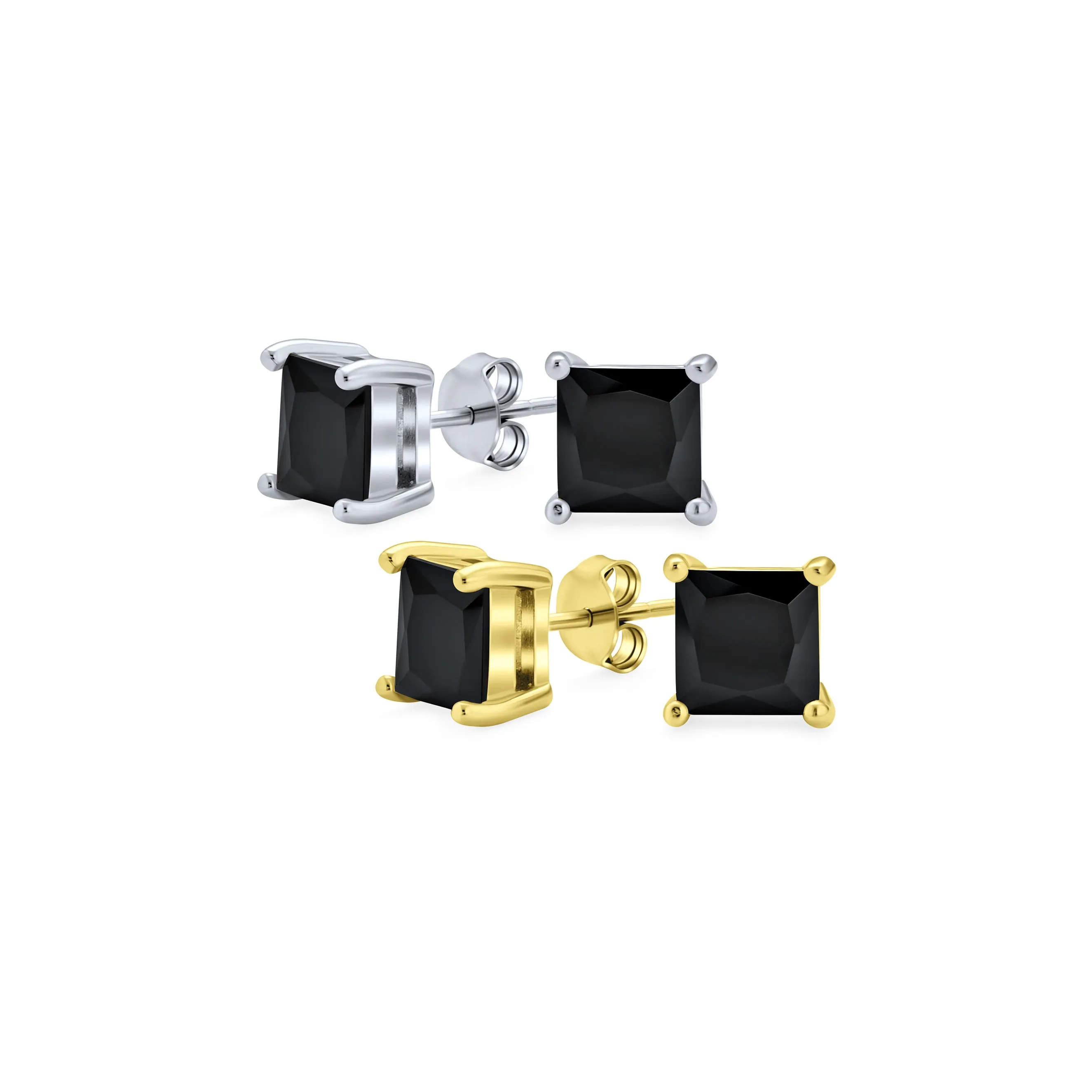 Set of 2 Black Square Princess Cut CZ Stud Earrings Gold Plated Sterling Silver