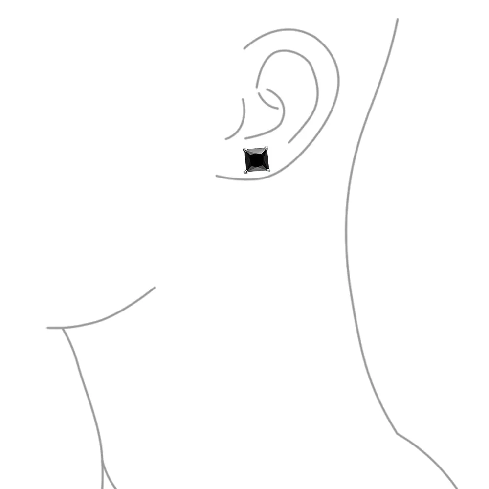 Set of 2 Black Square Princess Cut CZ Stud Earrings Gold Plated Sterling Silver