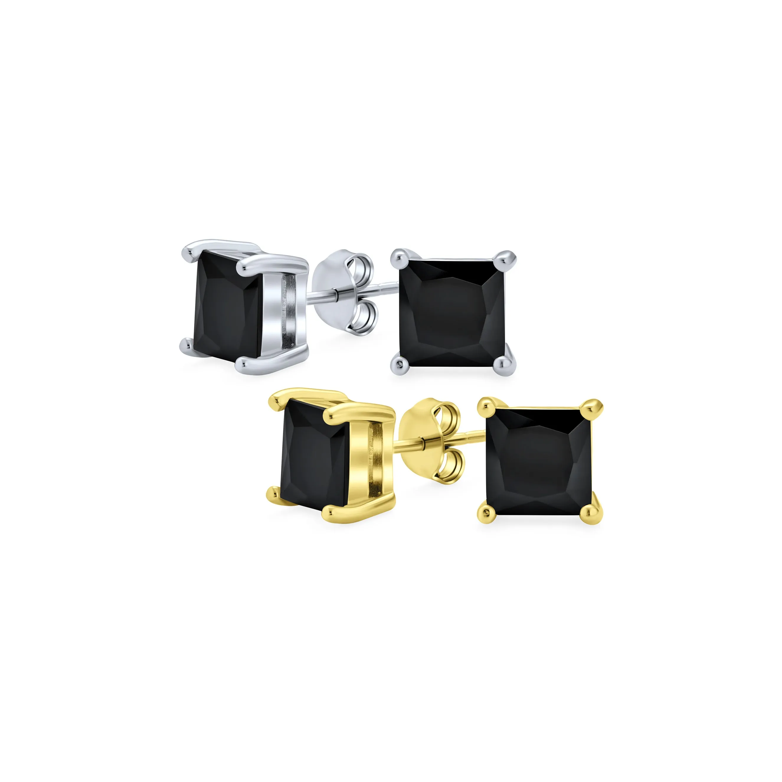 Set of 2 Black Square Princess Cut CZ Stud Earrings Gold Plated Sterling Silver