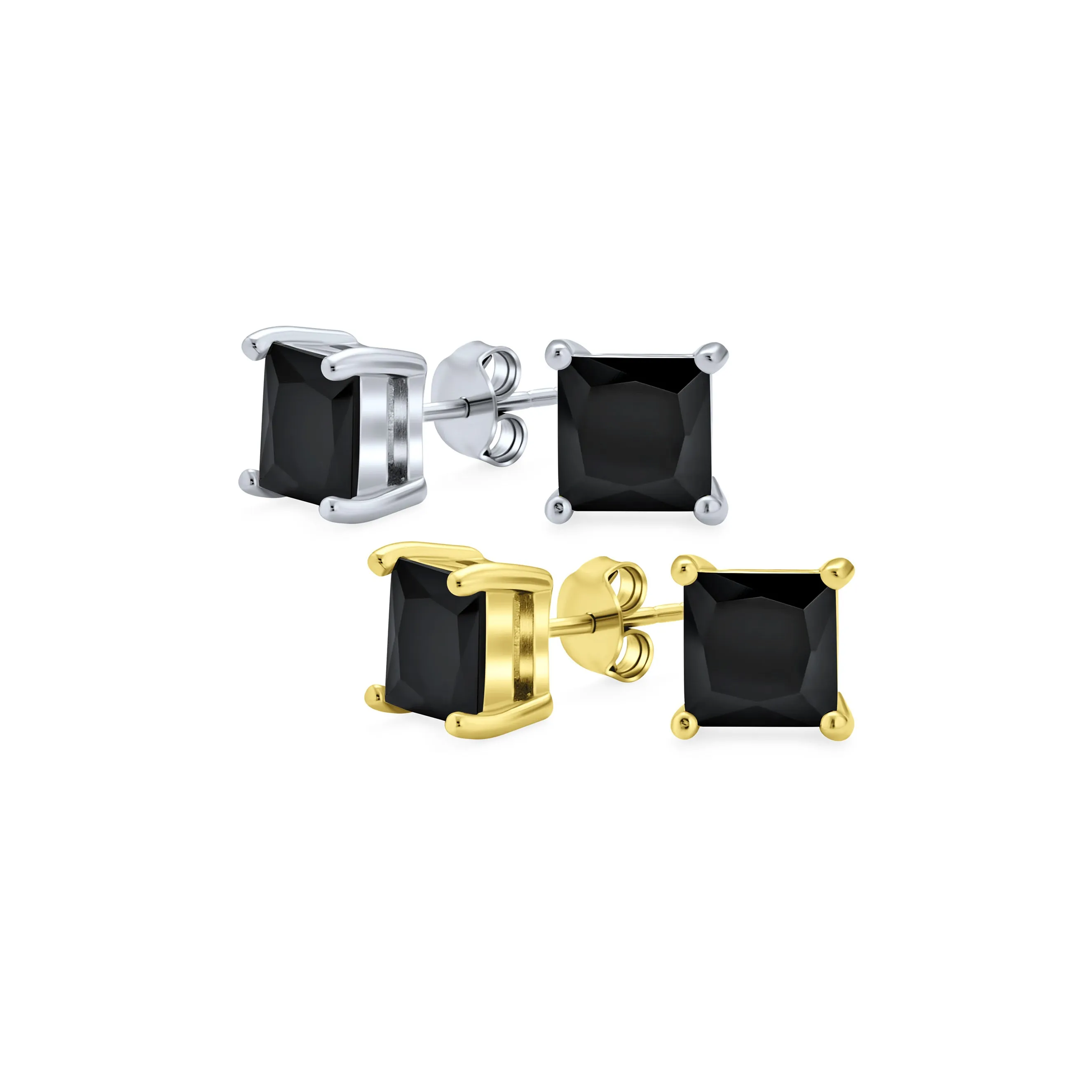 Set of 2 Black Square Princess Cut CZ Stud Earrings Gold Plated Sterling Silver