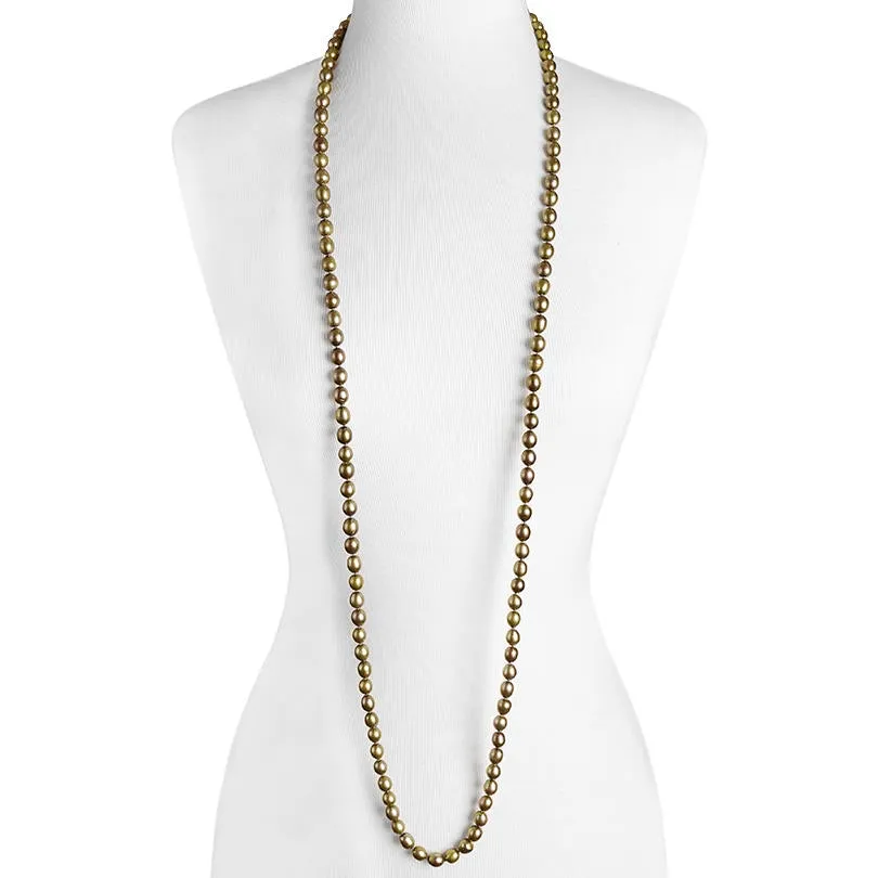 Shiny Reflective Bronze Green Opera Pearls Statement Necklace 52"