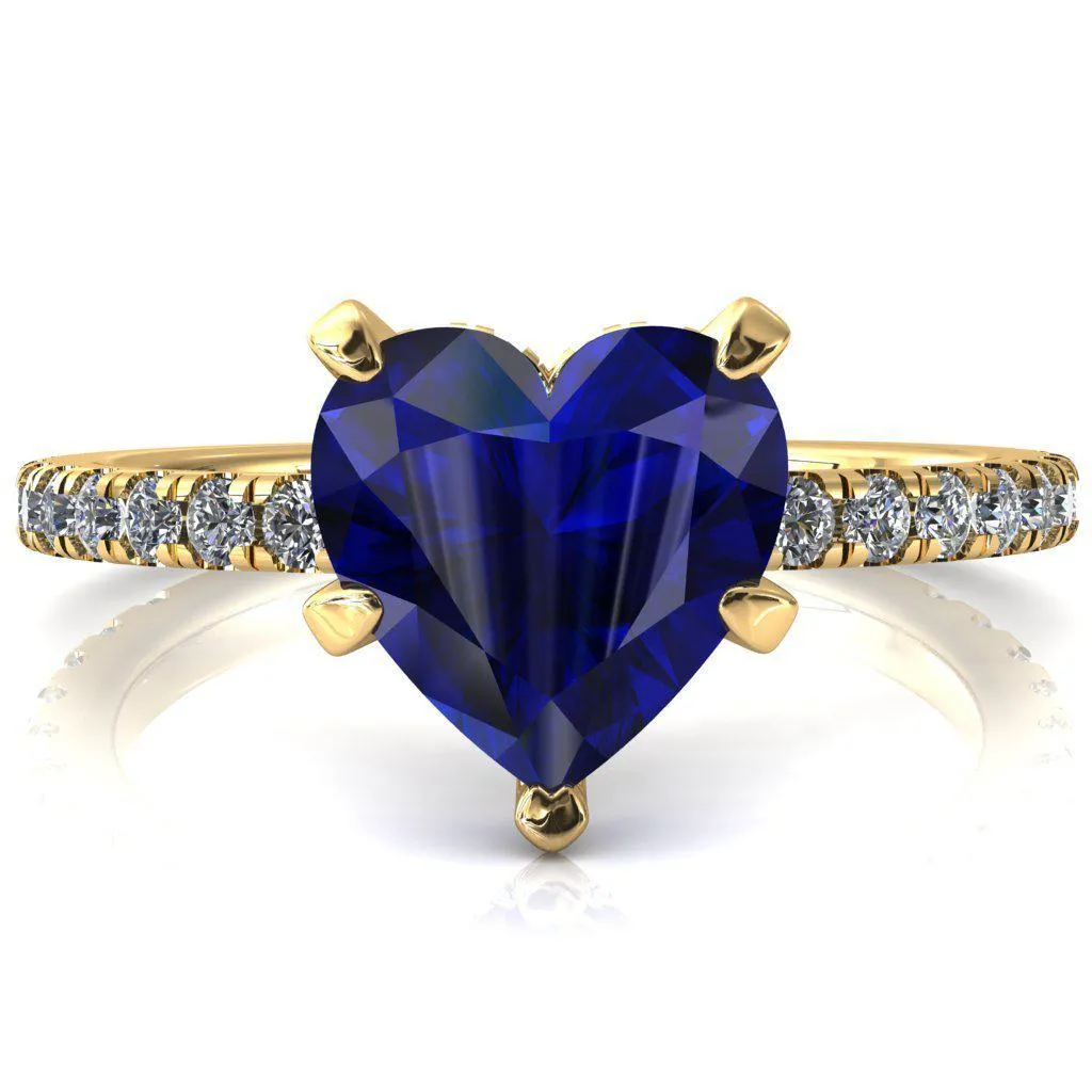 Sicili Heart Blue Sapphire 5 Prong 3/4 Micro Pave Diamond Engagement Ring