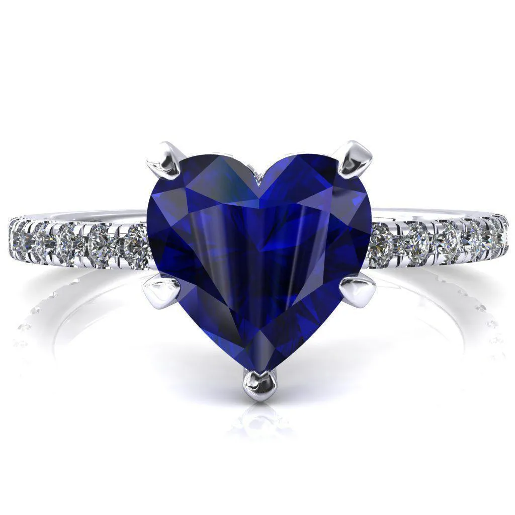 Sicili Heart Blue Sapphire 5 Prong 3/4 Micro Pave Diamond Engagement Ring