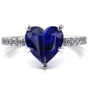 Sicili Heart Blue Sapphire 5 Prong 3/4 Micro Pave Diamond Engagement Ring