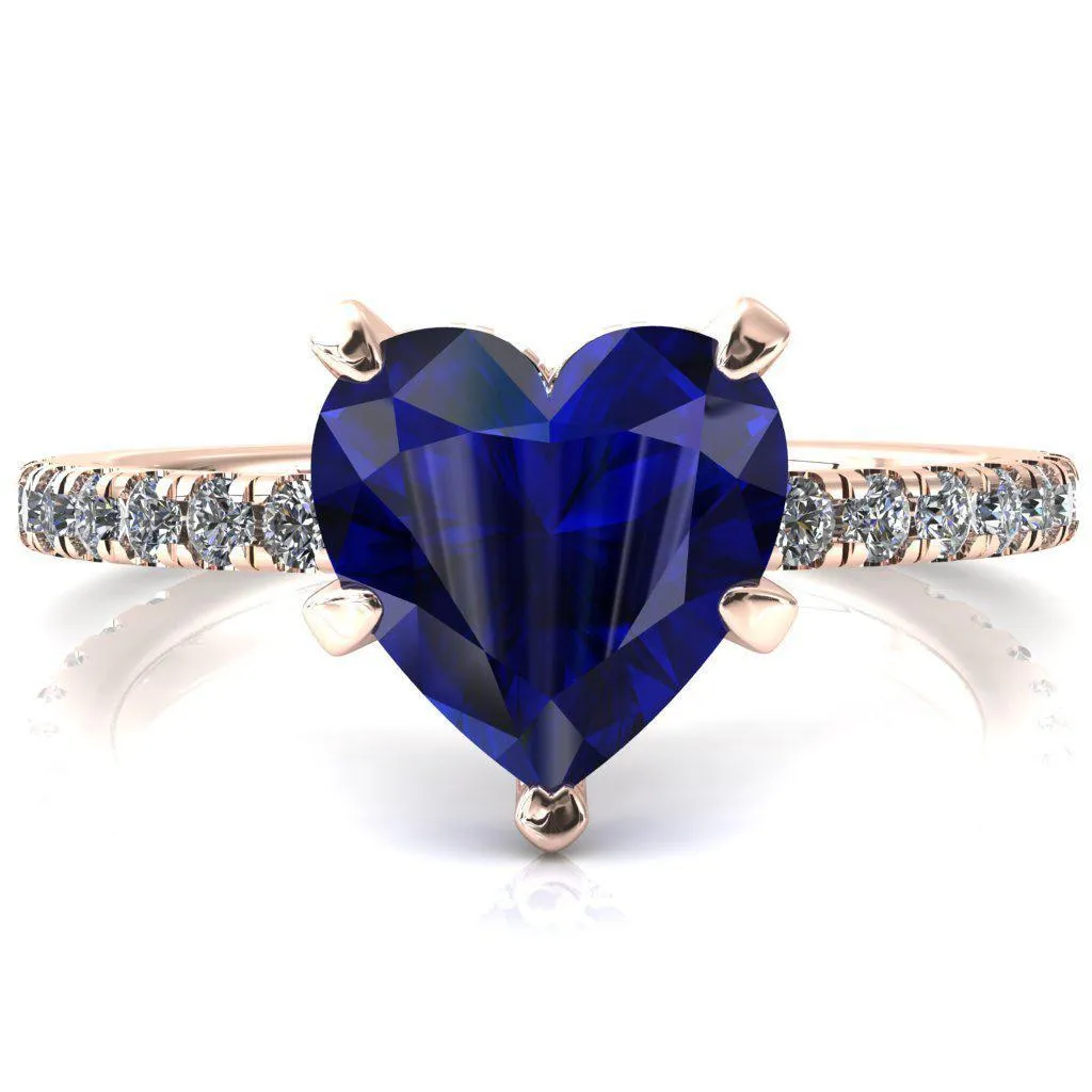 Sicili Heart Blue Sapphire 5 Prong 3/4 Micro Pave Diamond Engagement Ring