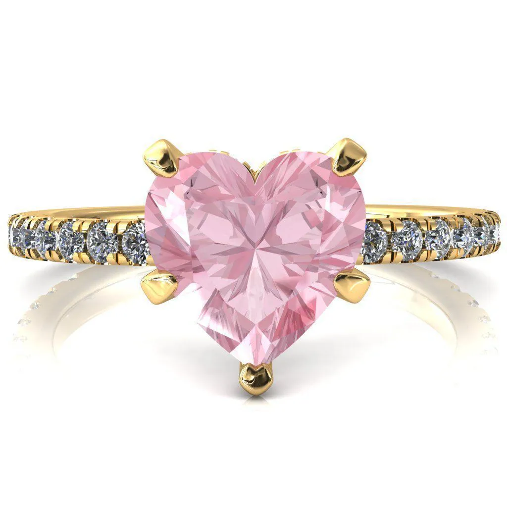 Sicili Heart Pink Sapphire 5 Prong 3/4 Micro Pave Diamond Engagement Ring