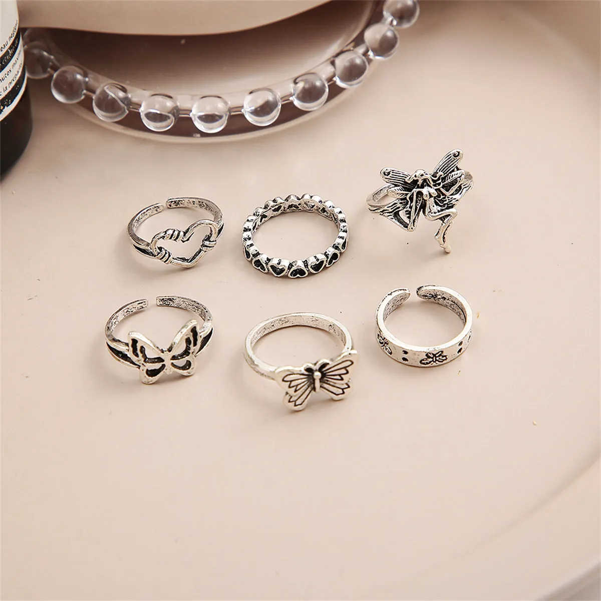 Silver-Plated Fairy Butterfly Heart Ring Set