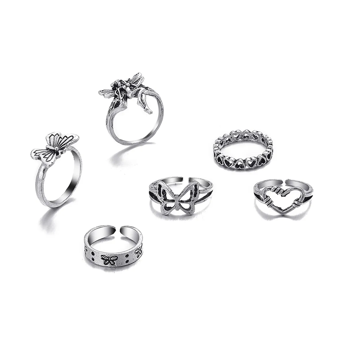 Silver-Plated Fairy Butterfly Heart Ring Set
