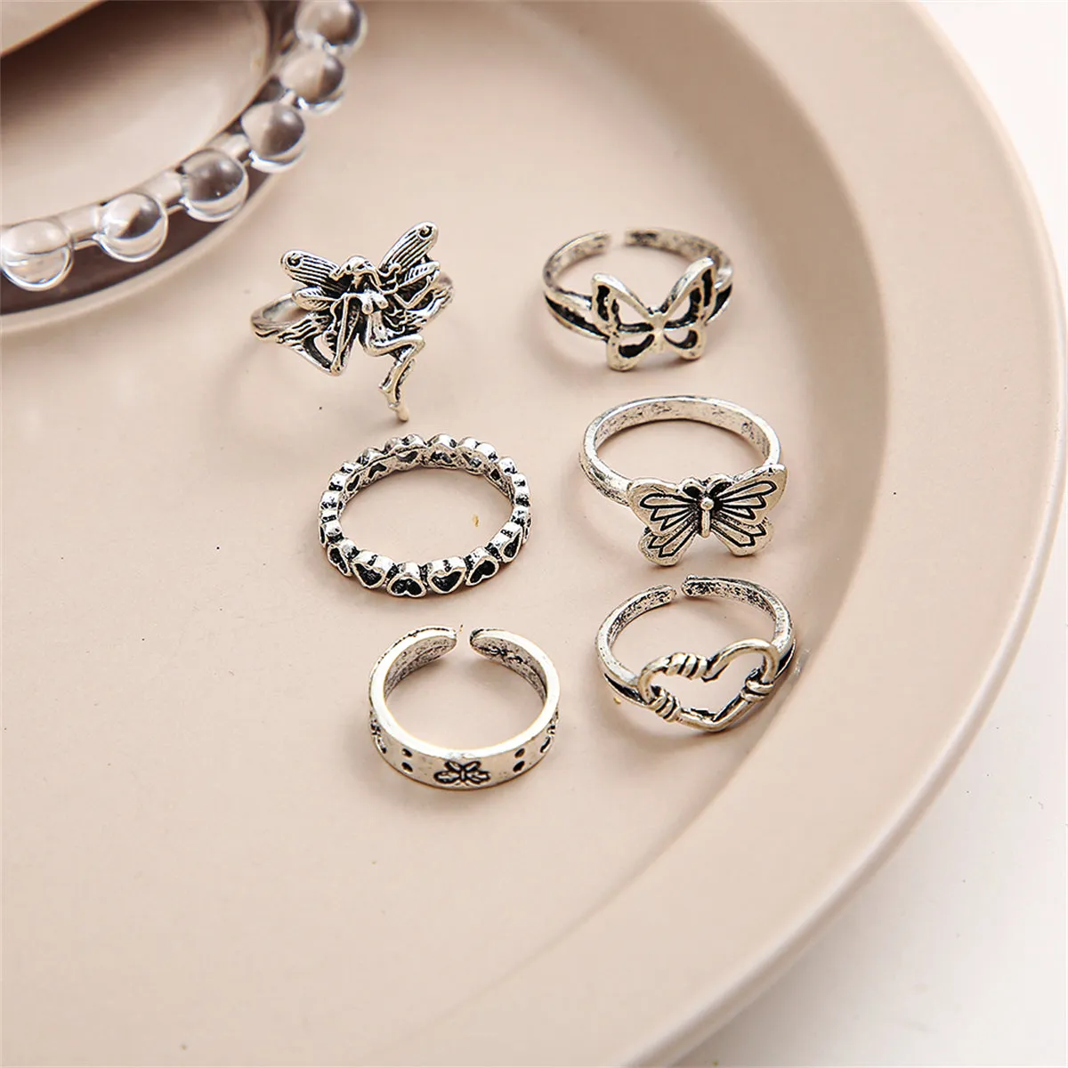 Silver-Plated Fairy Butterfly Heart Ring Set