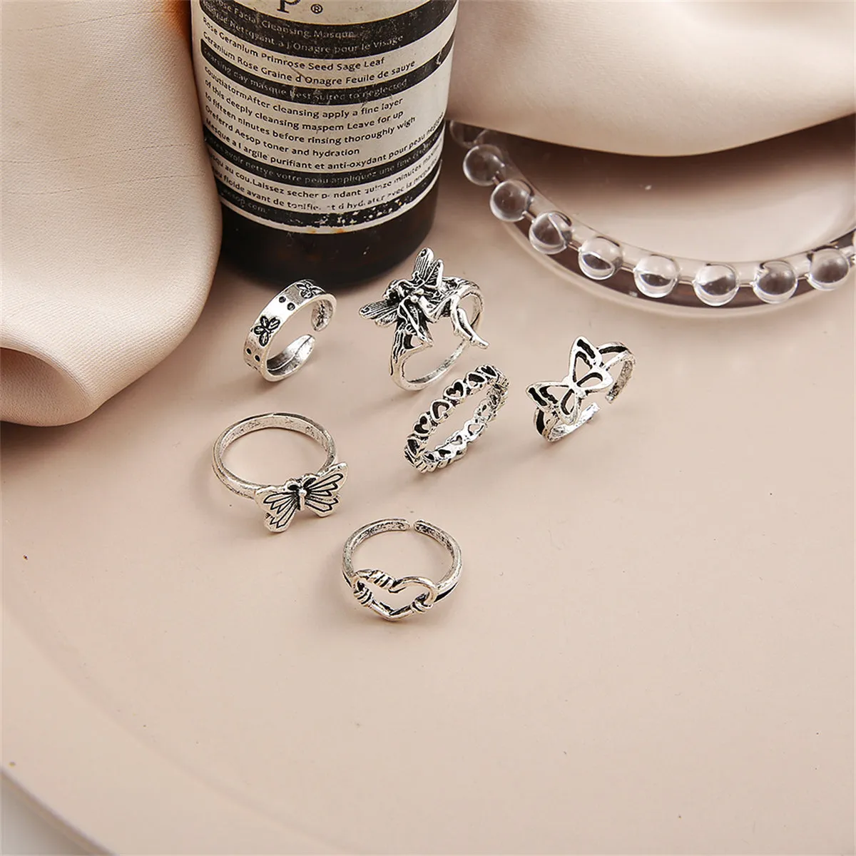 Silver-Plated Fairy Butterfly Heart Ring Set