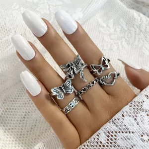 Silver-Plated Fairy Butterfly Heart Ring Set